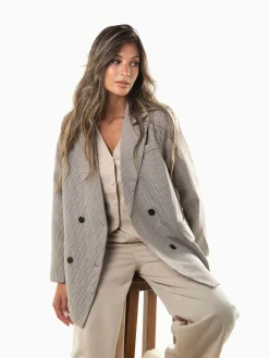 Blazer comprido bege pied-de-poule