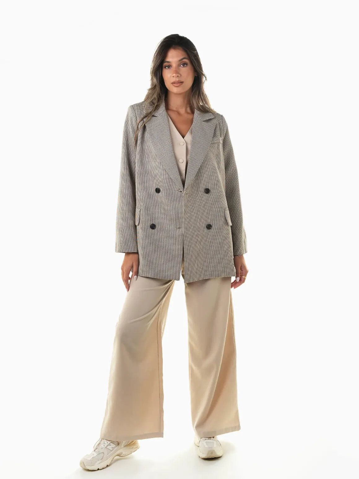Blazer comprido bege pied-de-poule