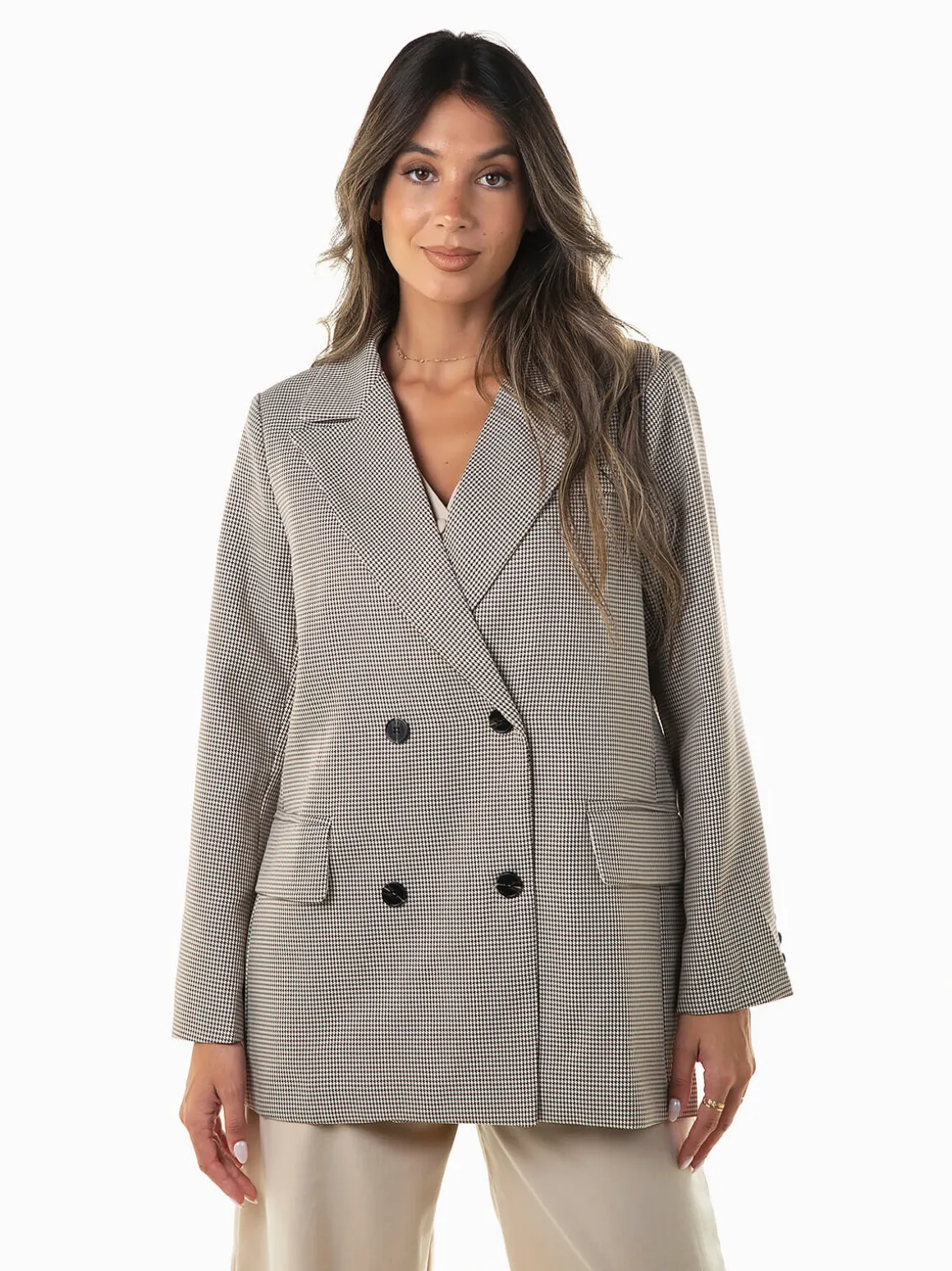 Blazer comprido bege pied-de-poule