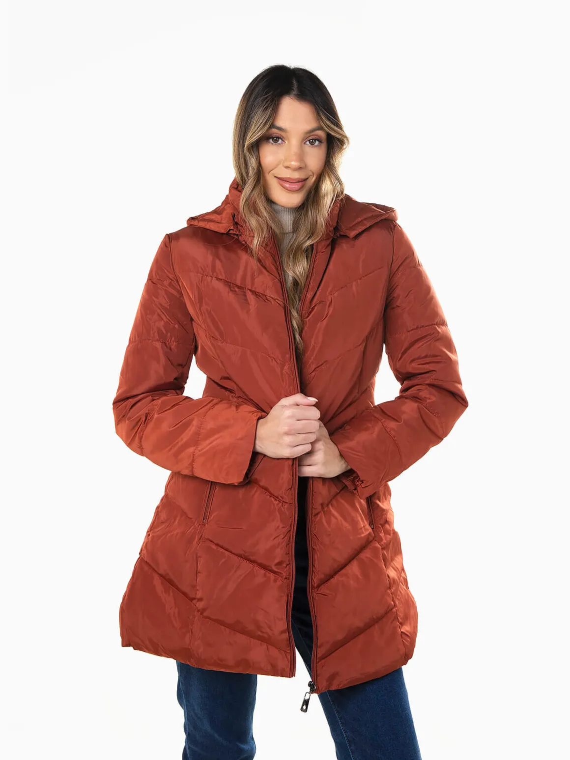 Blusão comprido acolchoado capuz removível