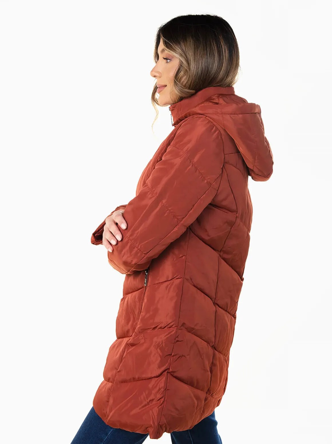 Blusão comprido acolchoado capuz removível