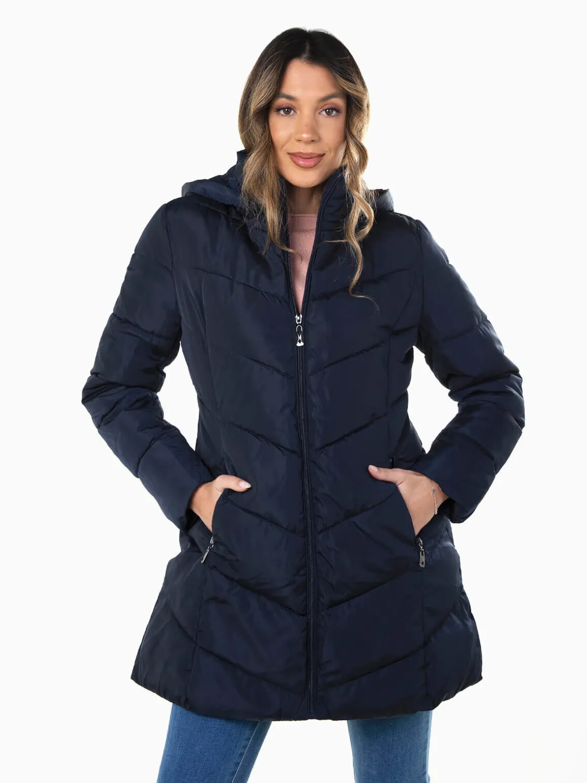 Blusão comprido acolchoado capuz removível