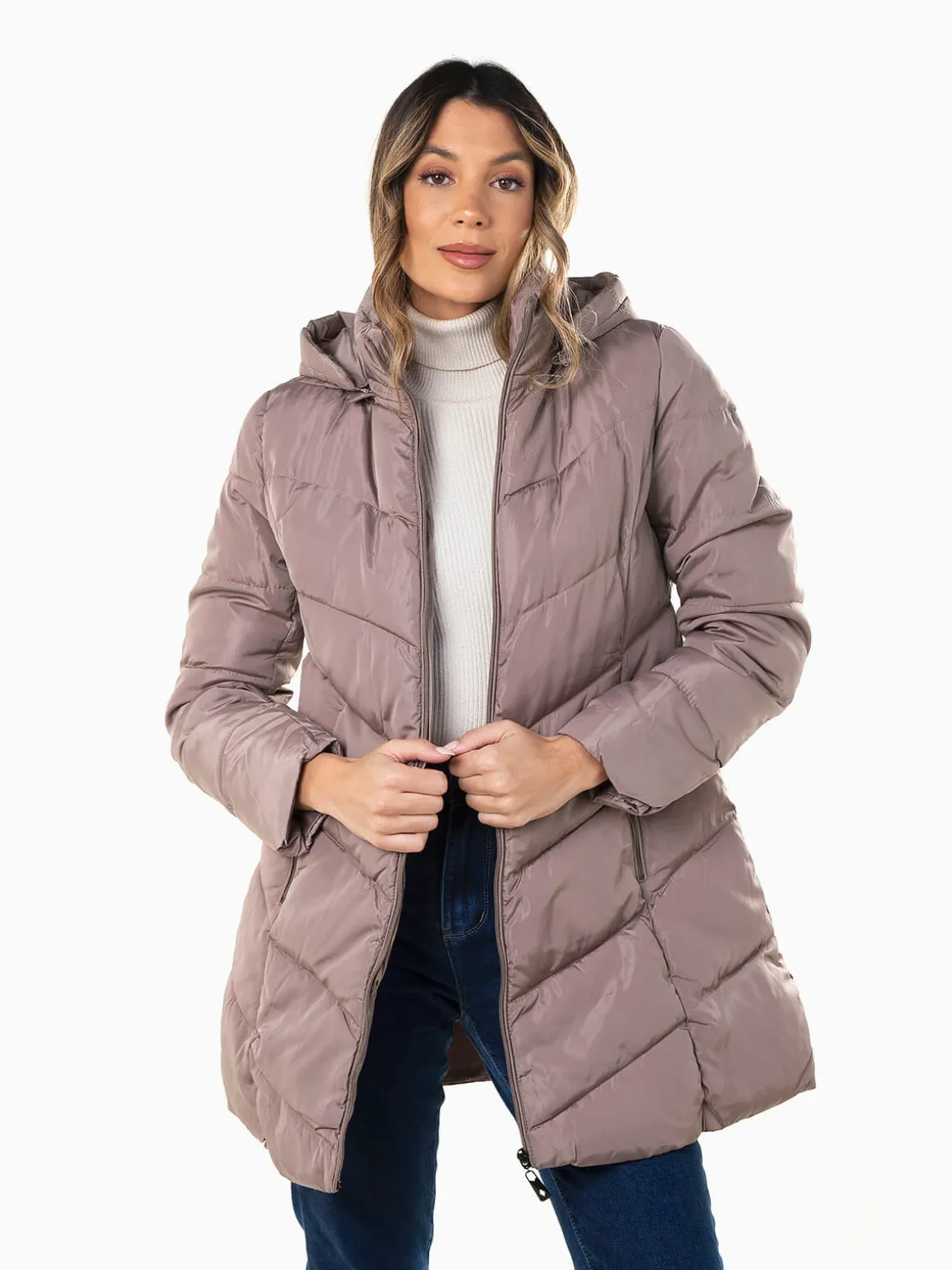 Blusão comprido acolchoado capuz removível