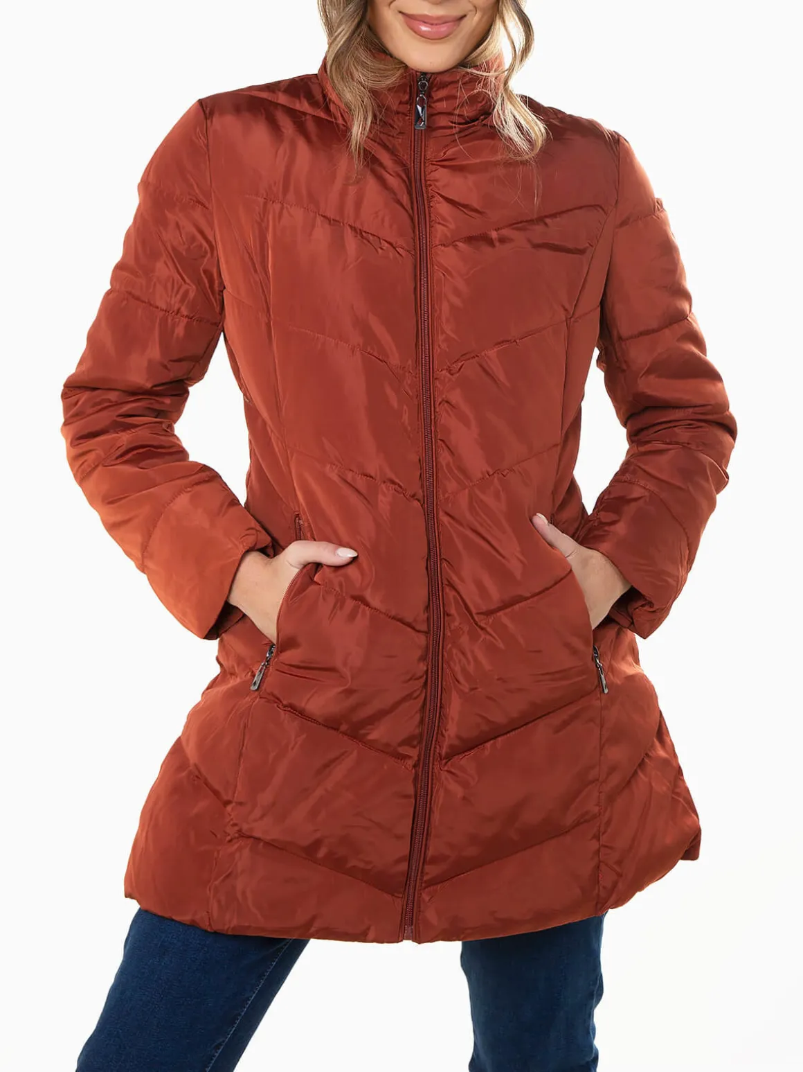 Blusão comprido acolchoado capuz removível