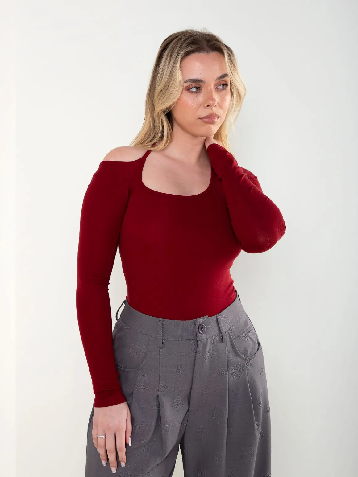 Body bordeaux algodão manga comprida