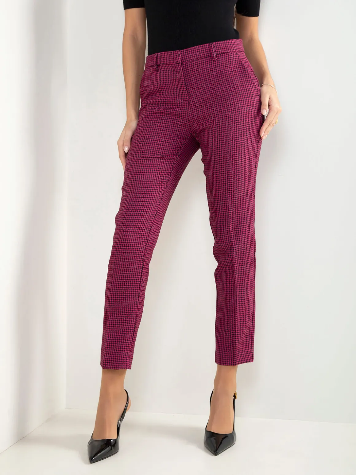 Calças cintura alta pied-de-poule