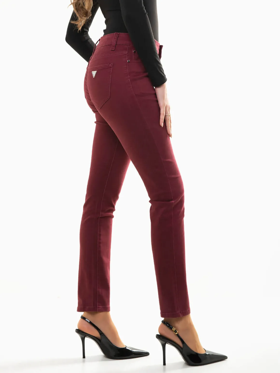 Calças elásticas bordeaux cintura alta