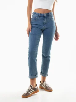 Calças ganga cintura alta com dobra