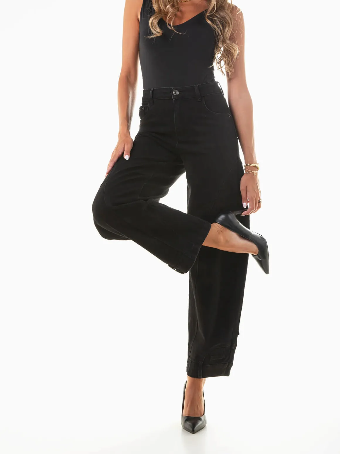 Calças ganga skater pretas cintura média