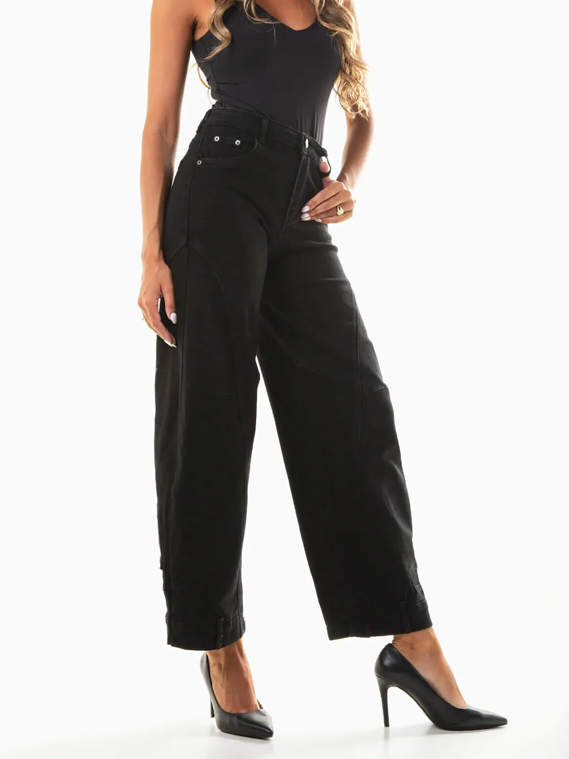 Calças ganga skater pretas cintura média