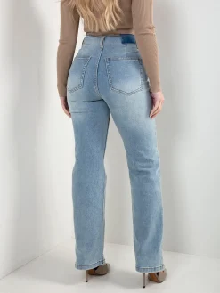 Calças ganga straight fit cintura desfiada