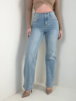 Calças ganga straight fit cintura desfiada