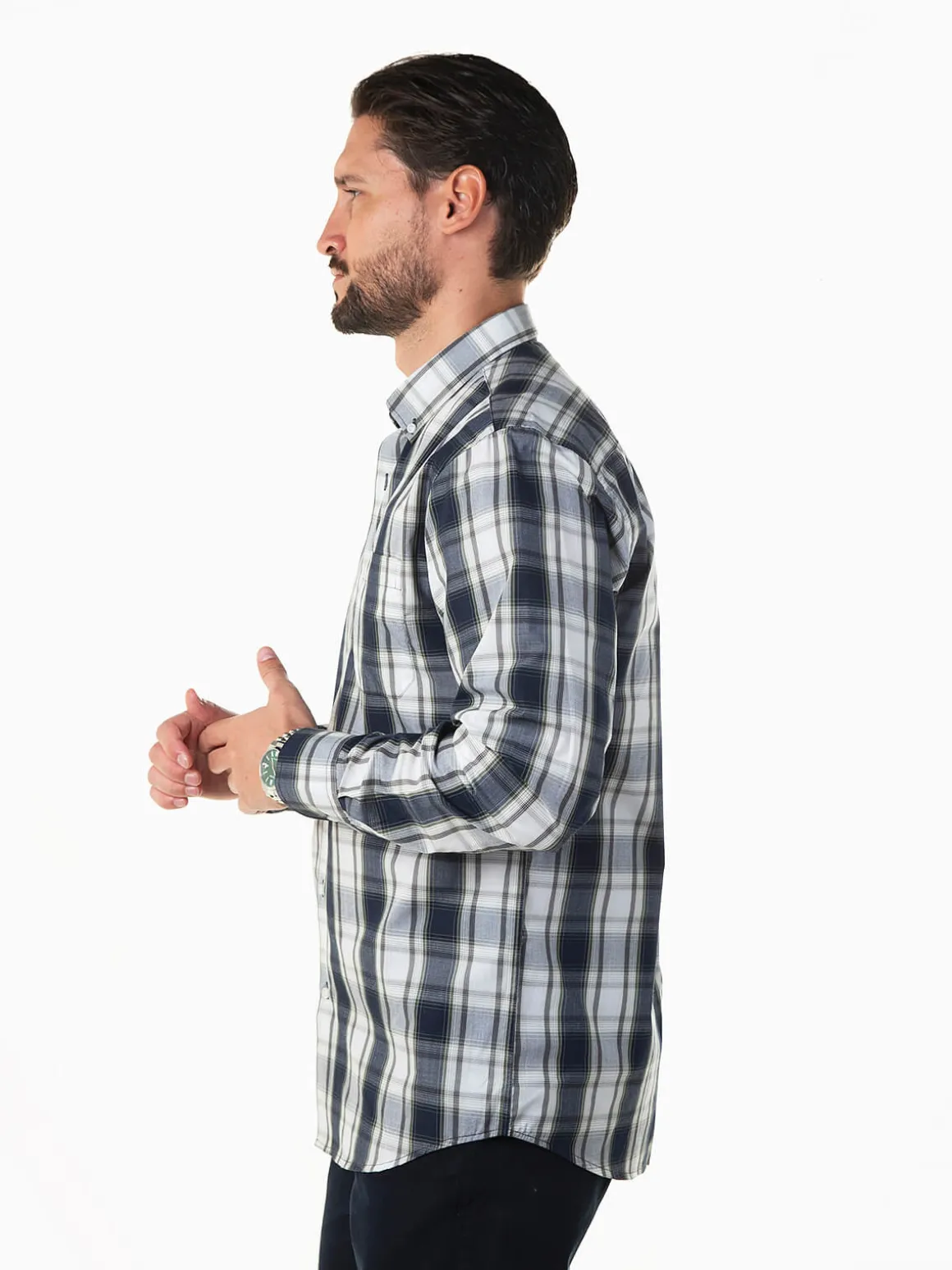 Camisa azul marinho xadrez com bolso