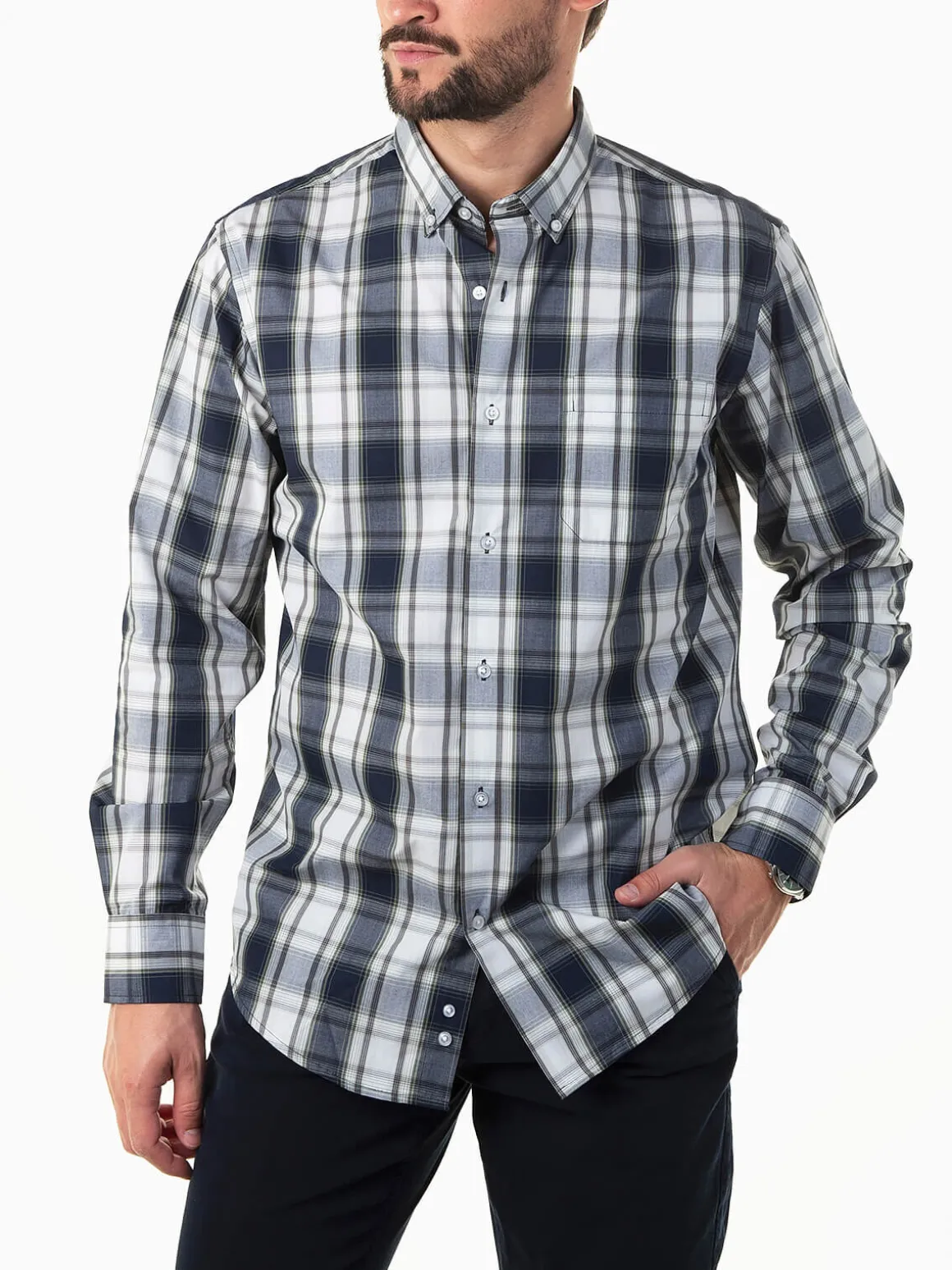 Camisa azul marinho xadrez com bolso