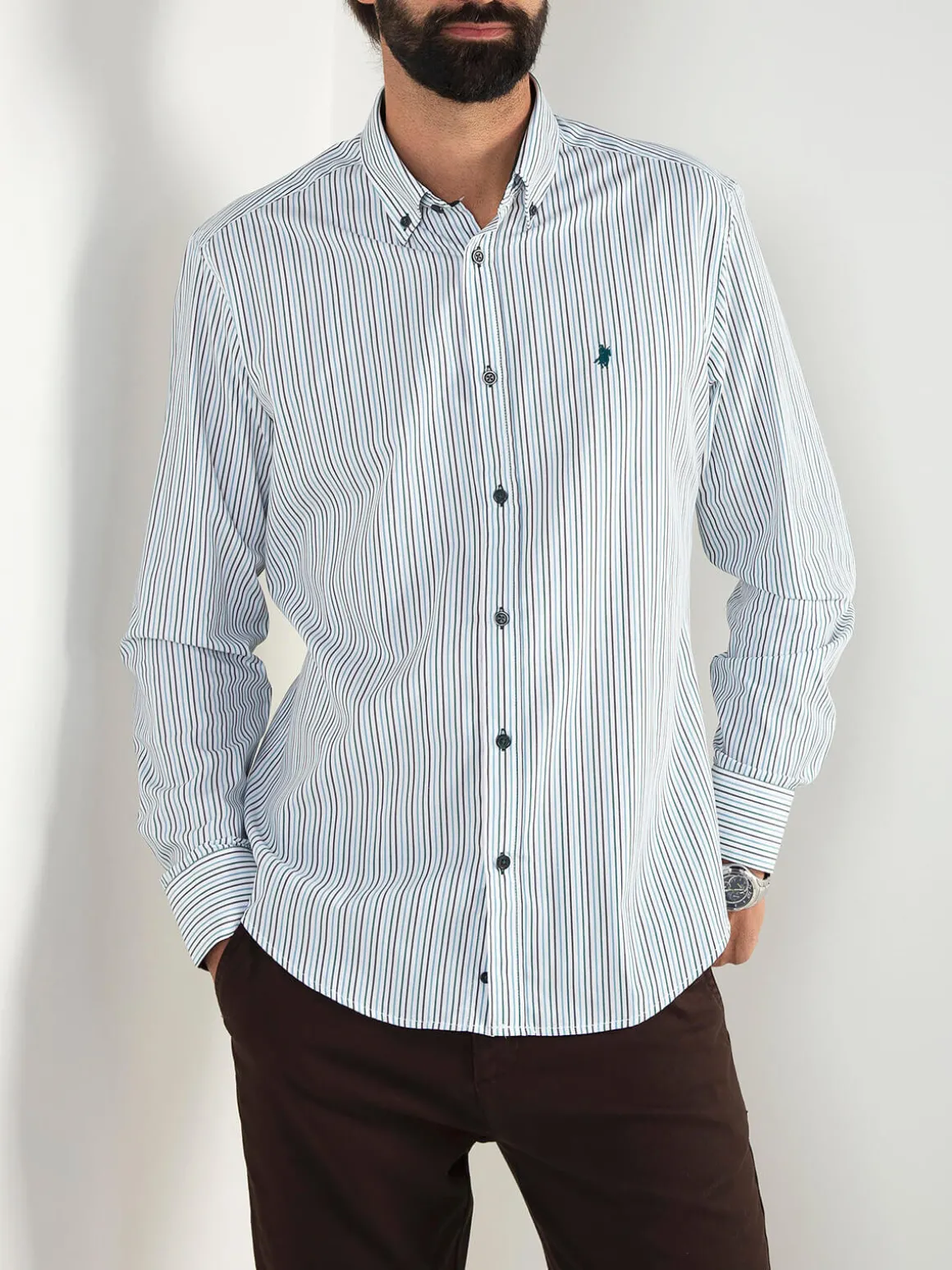 Camisa branca clássica riscas verdes