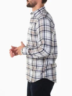 Camisa flanela bege com xadrez azul marinho