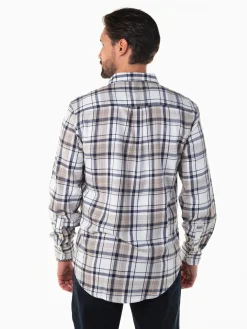 Camisa flanela bege com xadrez azul marinho