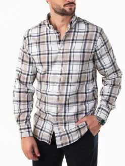 Camisa flanela bege com xadrez azul marinho