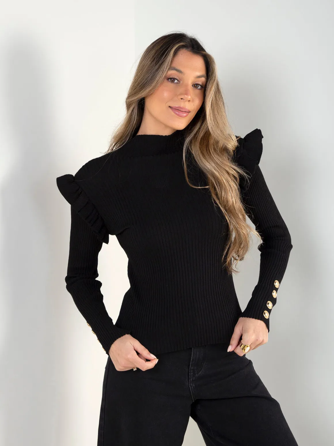 Camisola canelada com folhos