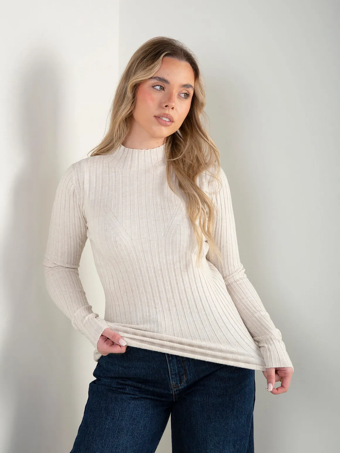 Camisola canelada com gola perkins