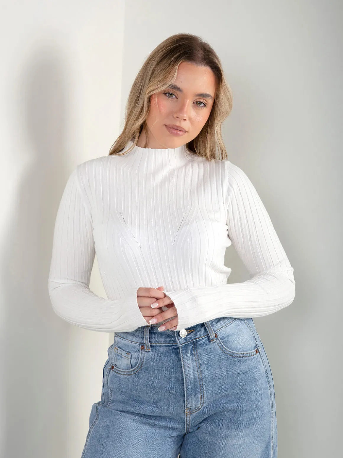 Camisola canelada com gola perkins