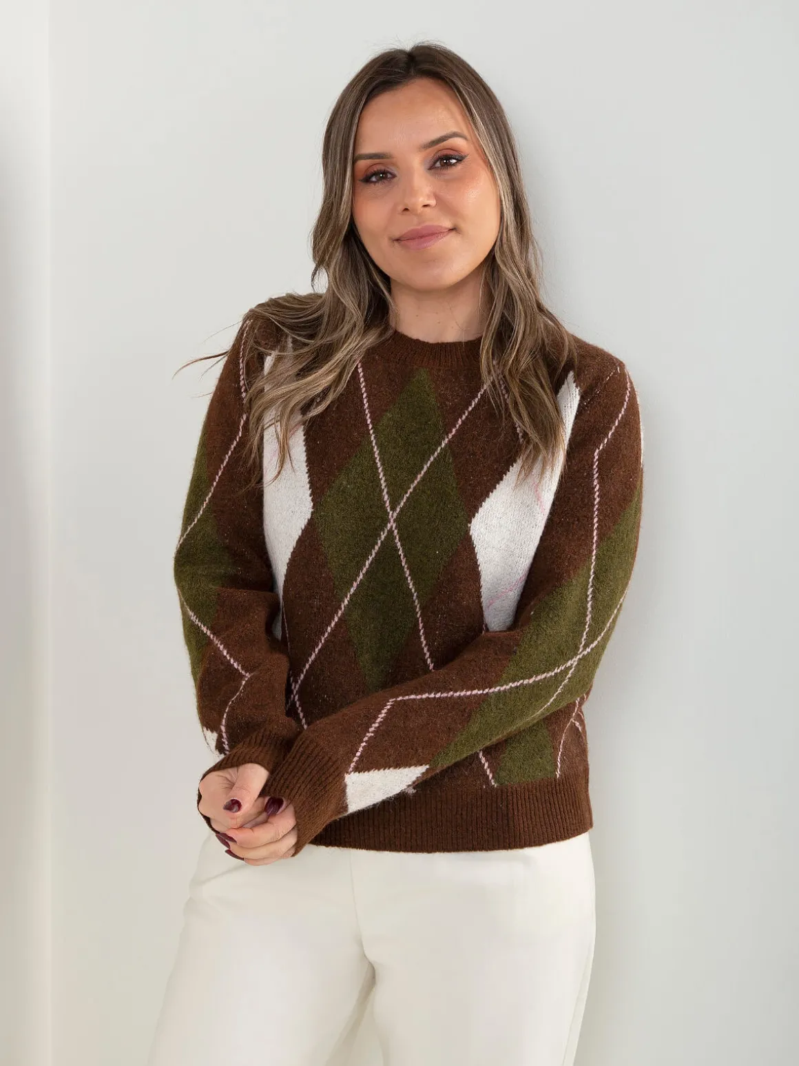 Camisola de malha com padrão losangos