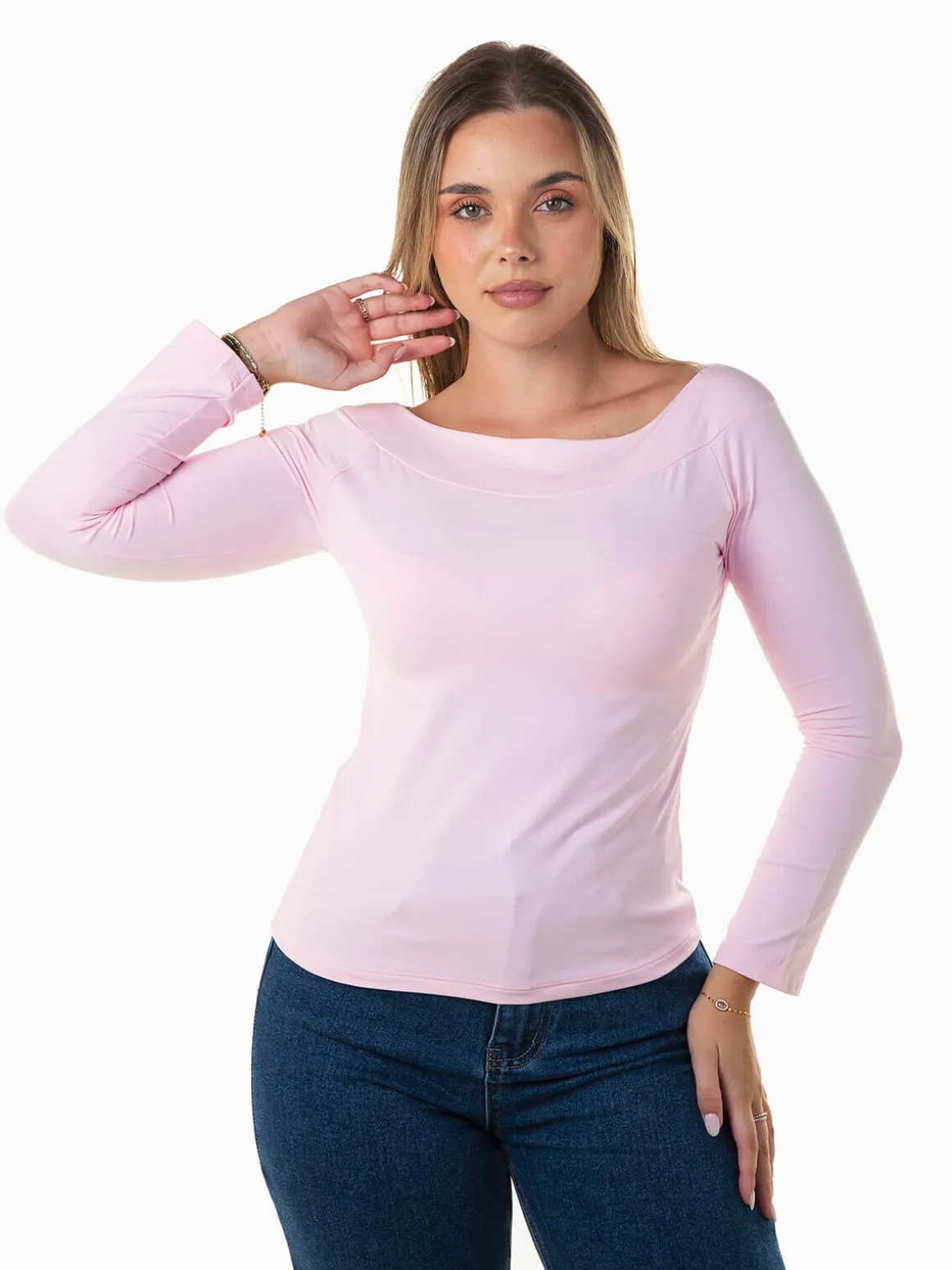 Camisola elástica decote barco