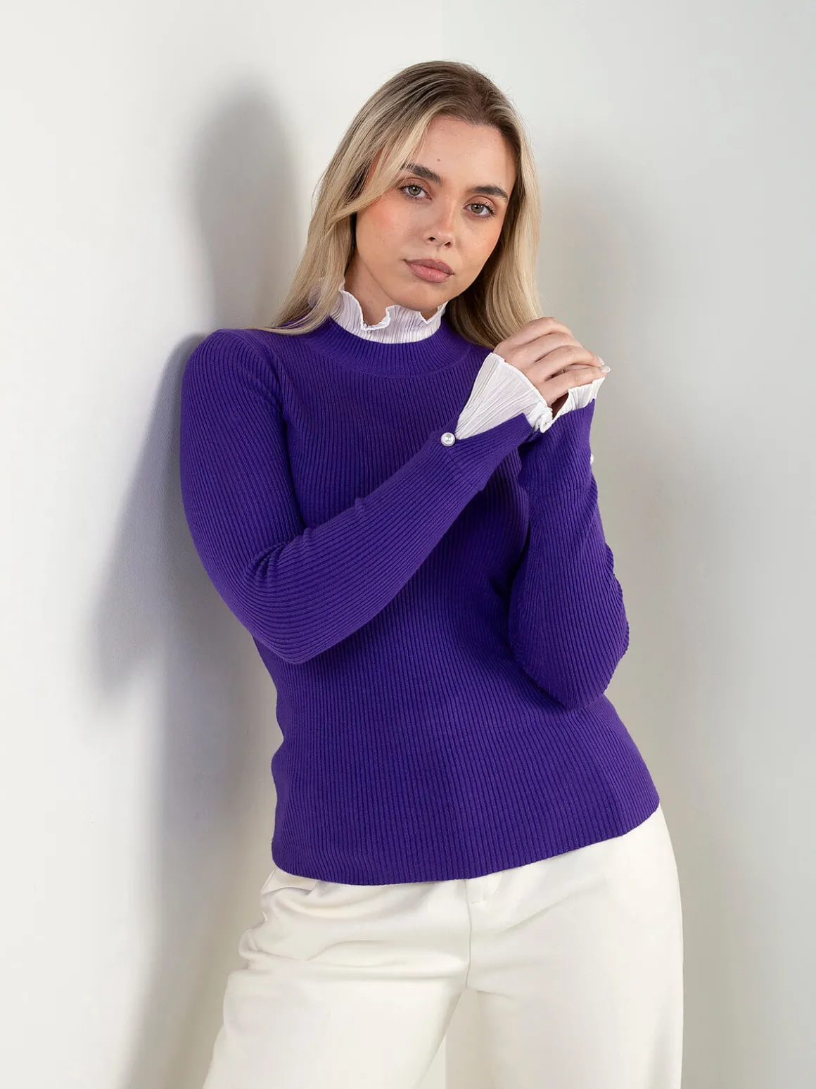 Camisola malha canelada com plissado