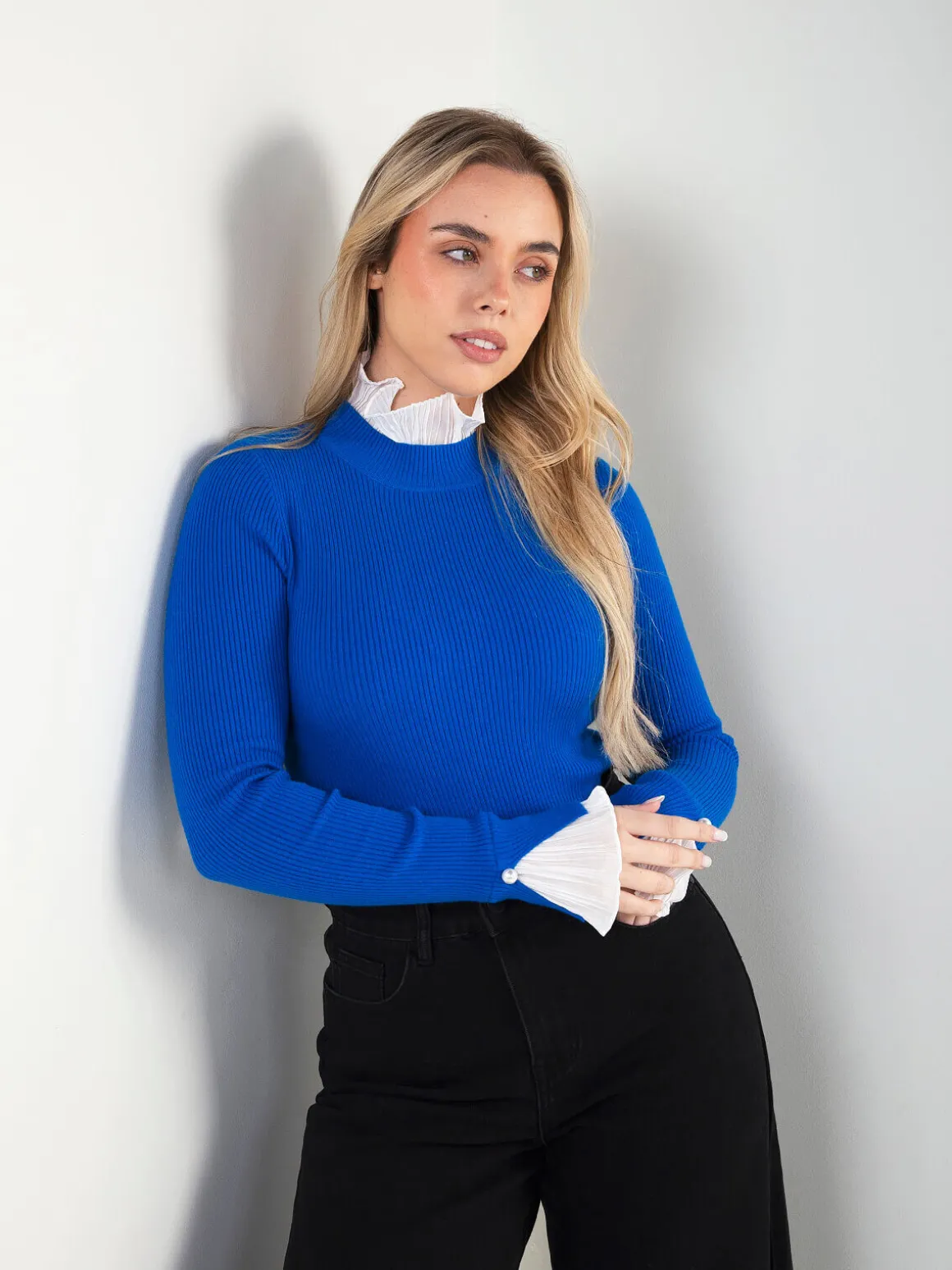 Camisola malha canelada com plissado