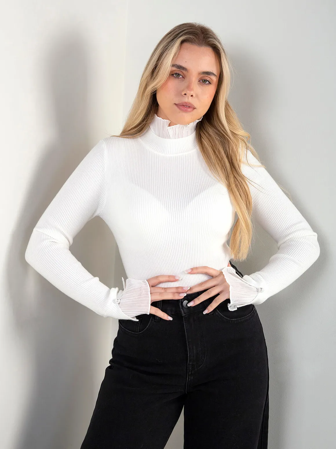 Camisola malha canelada com plissado