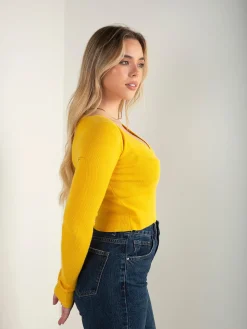 Camisola malha canelada com decote cruzado