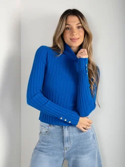 Camisola malha canelada com gola alta