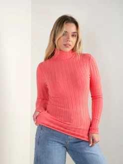 Camisola malha canelada gola alta dobrada