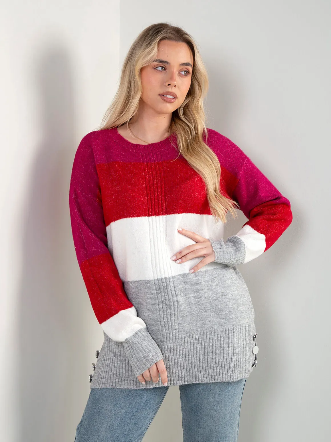 Camisola malha color block com botões