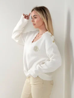 Camisola malha em V com botões dourados