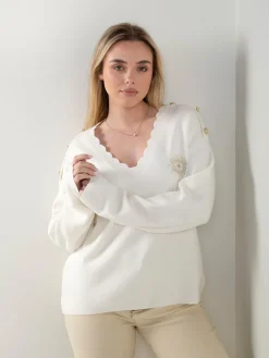 Camisola malha em V com botões dourados