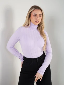 Camisola malha fina canelada gola alta