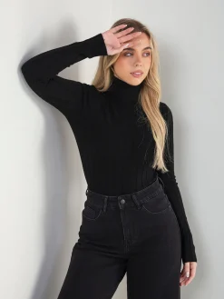 Camisola malha fina canelada gola alta