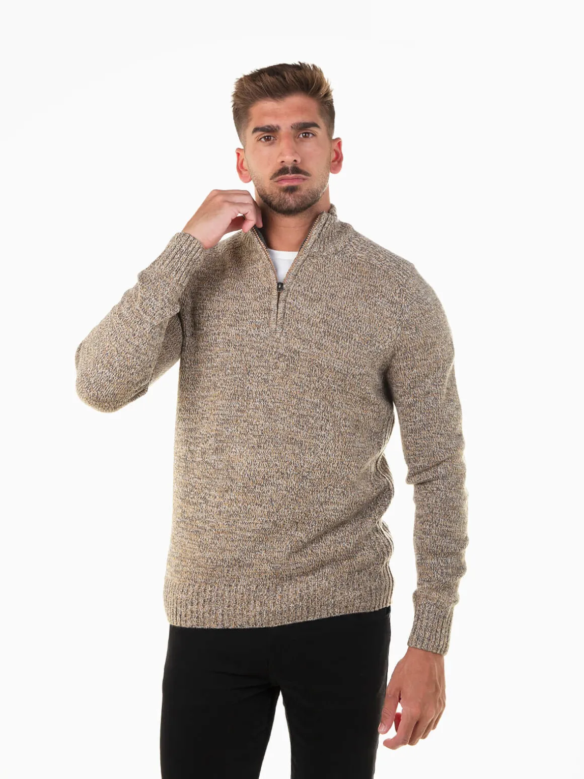 Camisola malha mesclada gola com fecho