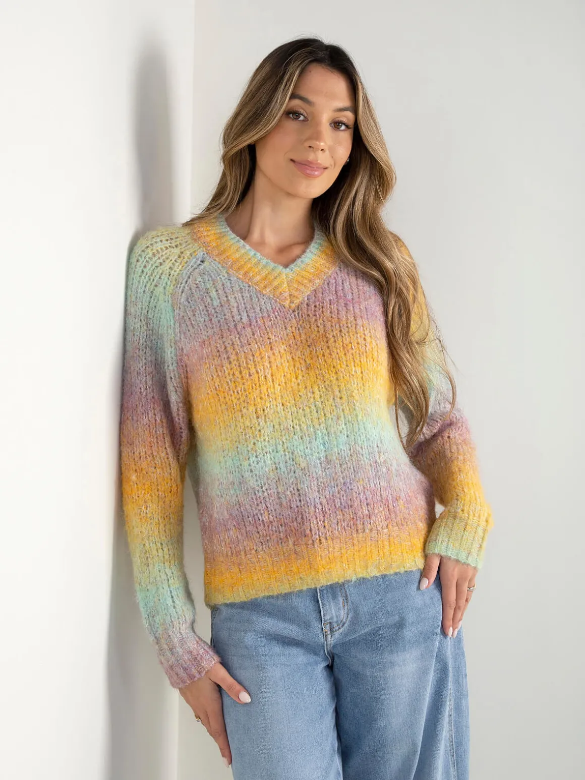 Camisola malha multicolor em V