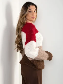 Camisola malha oversized color block em V