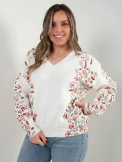 Camisola malha pérola com padrão floral