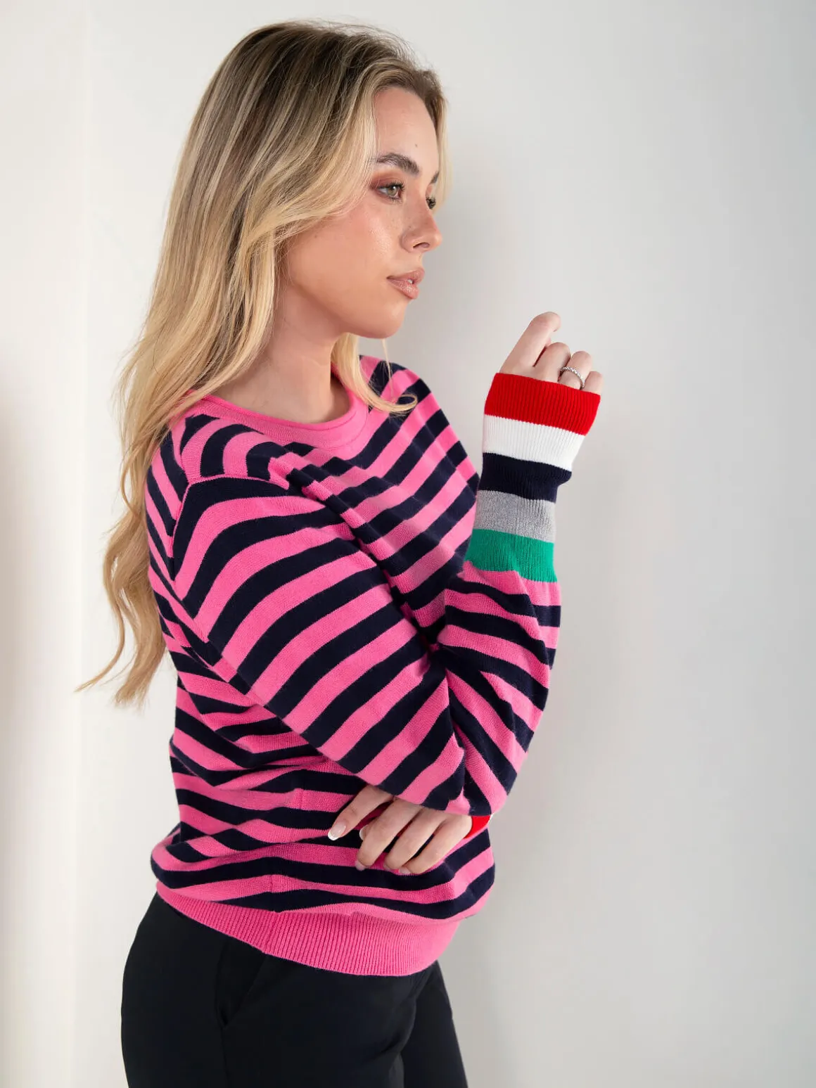 Camisola malha riscas punhos contrastantes