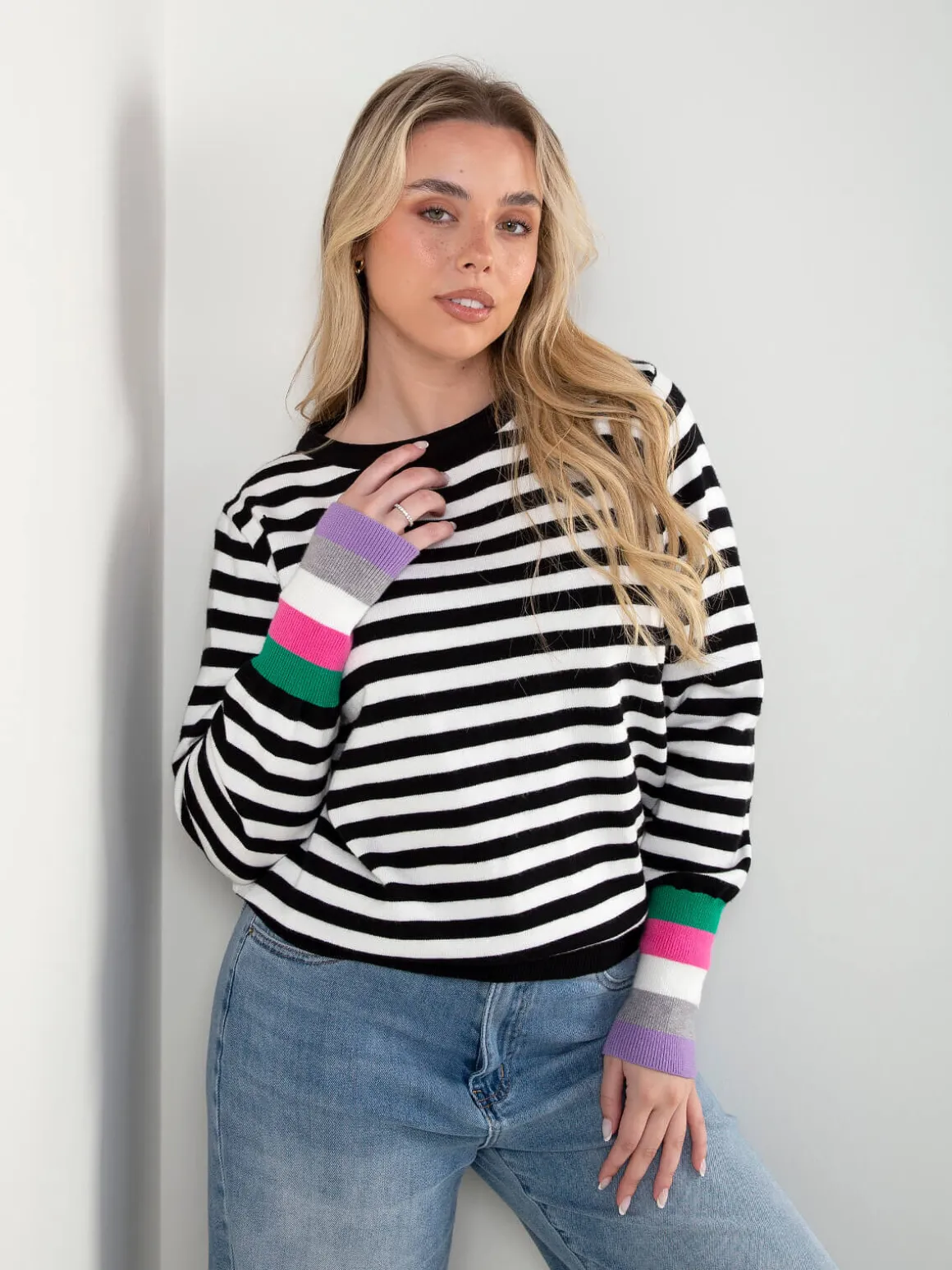 Camisola malha riscas punhos contrastantes