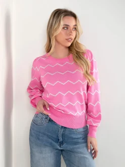 Camisola malha rosa com padrão zigue-zague
