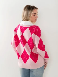 Camisola malha rosa com padrão losangos