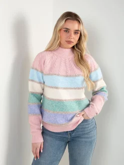 Camisola malha às riscas com gola perkins