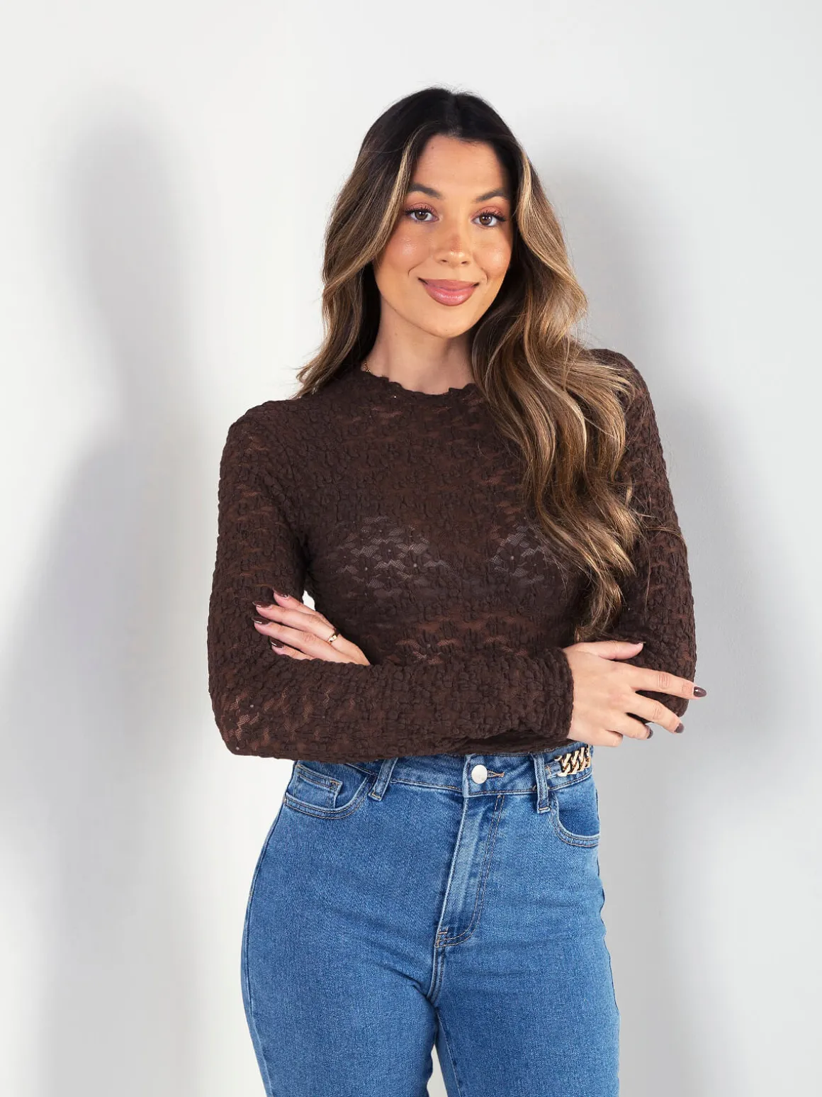 Camisola renda manga comprida