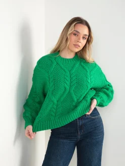 Camisola verde malha entrançada