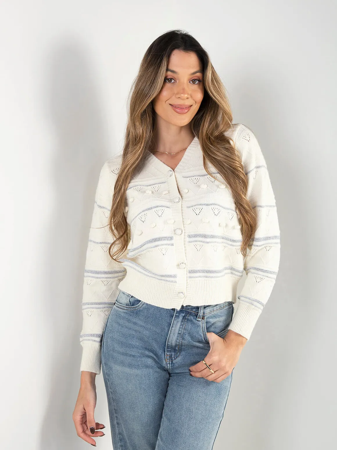 Cardigan em V com detalhes brilhantes
